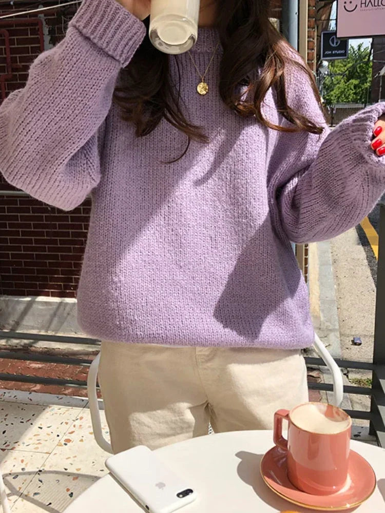 Women's Winter Sweater: Pink Pullover with Oversized, Loose Knitted Design - Long Sleeve Female Knitting Outerwear, Available in 9 Colors Including White