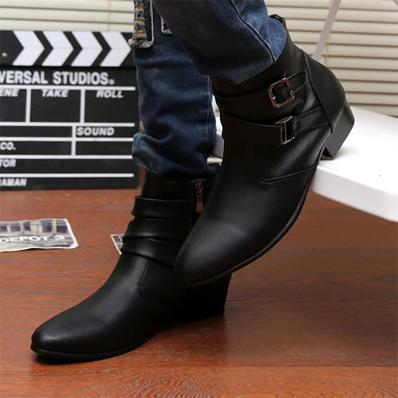 Luxury Leather Chelsea Boots Men Designer White Dress Boots Men Casual High top Buckle Strap Formal Shoes Men Motorcycle Boots