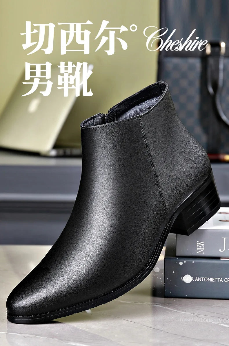British Business Leather Boots for Men High Heels Pointed Toes and Fleece Chelsea Boots Male Fashion Casual Shoes Man