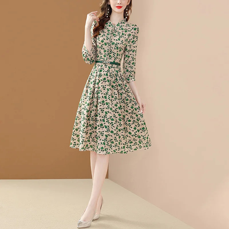 Women's Chiffon Dress: Elegant A-Line Dress with Belt and Puff Sleeves for Spring Parties - Big Swing Slim Fit Vestido