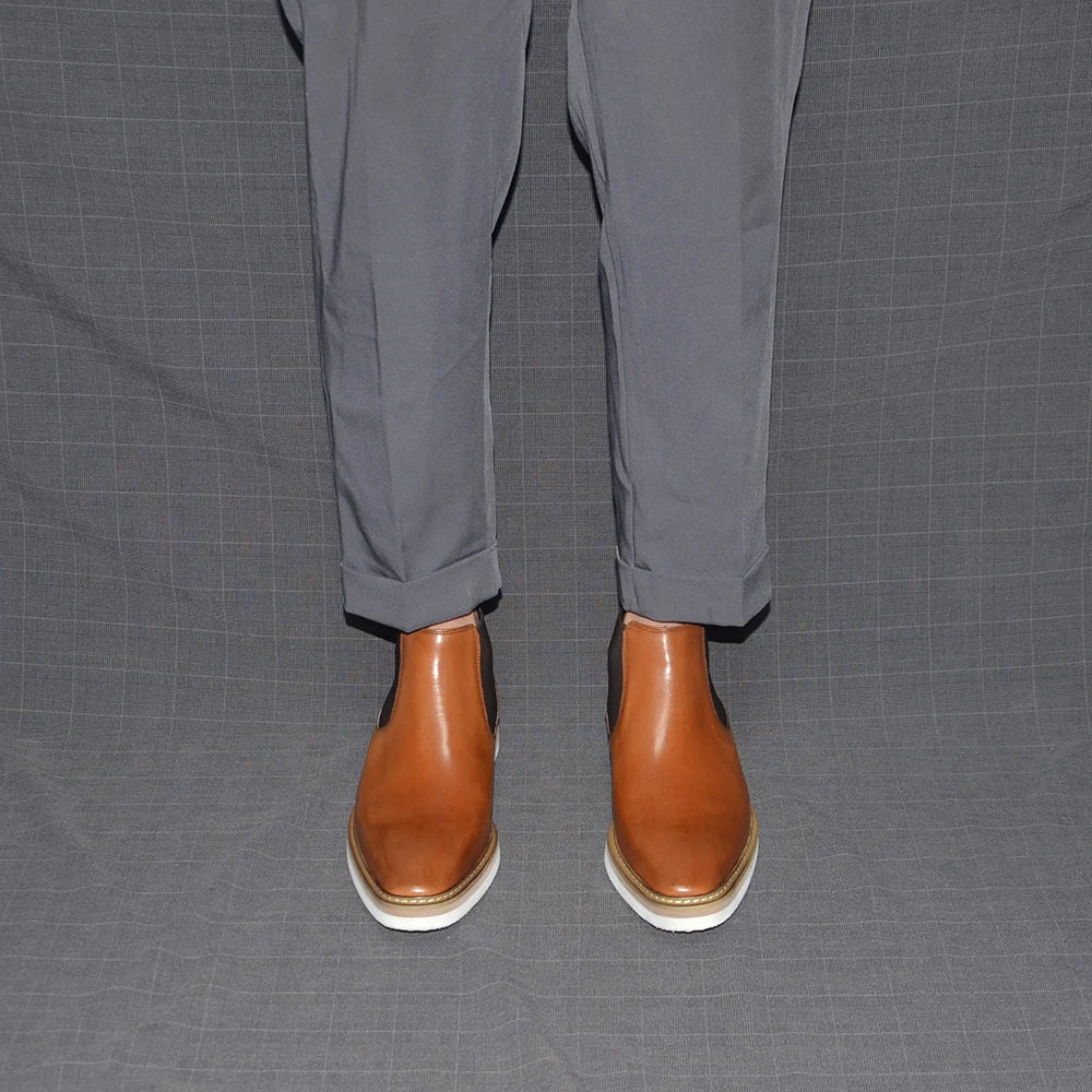 British Style Cow Genuine Leather Men's Chelsea Ankle Boots Slip-on Elastic Band High Top Sneakers Casual Dress Boot for Men