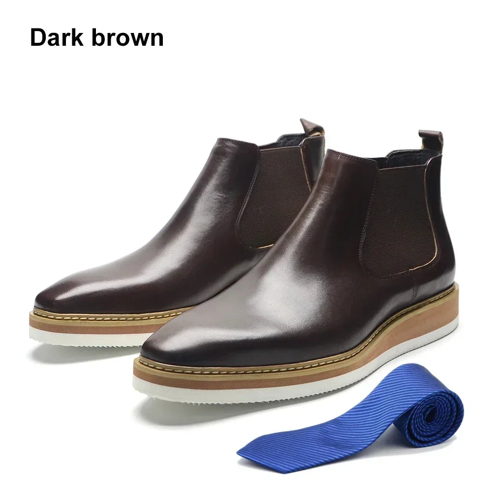 British Style Cow Genuine Leather Men's Chelsea Ankle Boots Slip-on Elastic Band High Top Sneakers Casual Dress Boot for Men