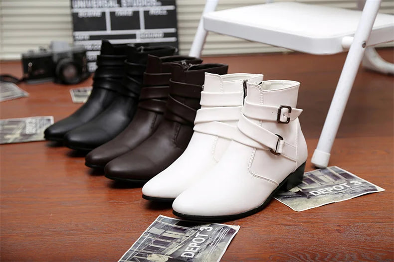 Luxury Leather Chelsea Boots Men Designer White Dress Boots Men Casual High top Buckle Strap Formal Shoes Men Motorcycle Boots