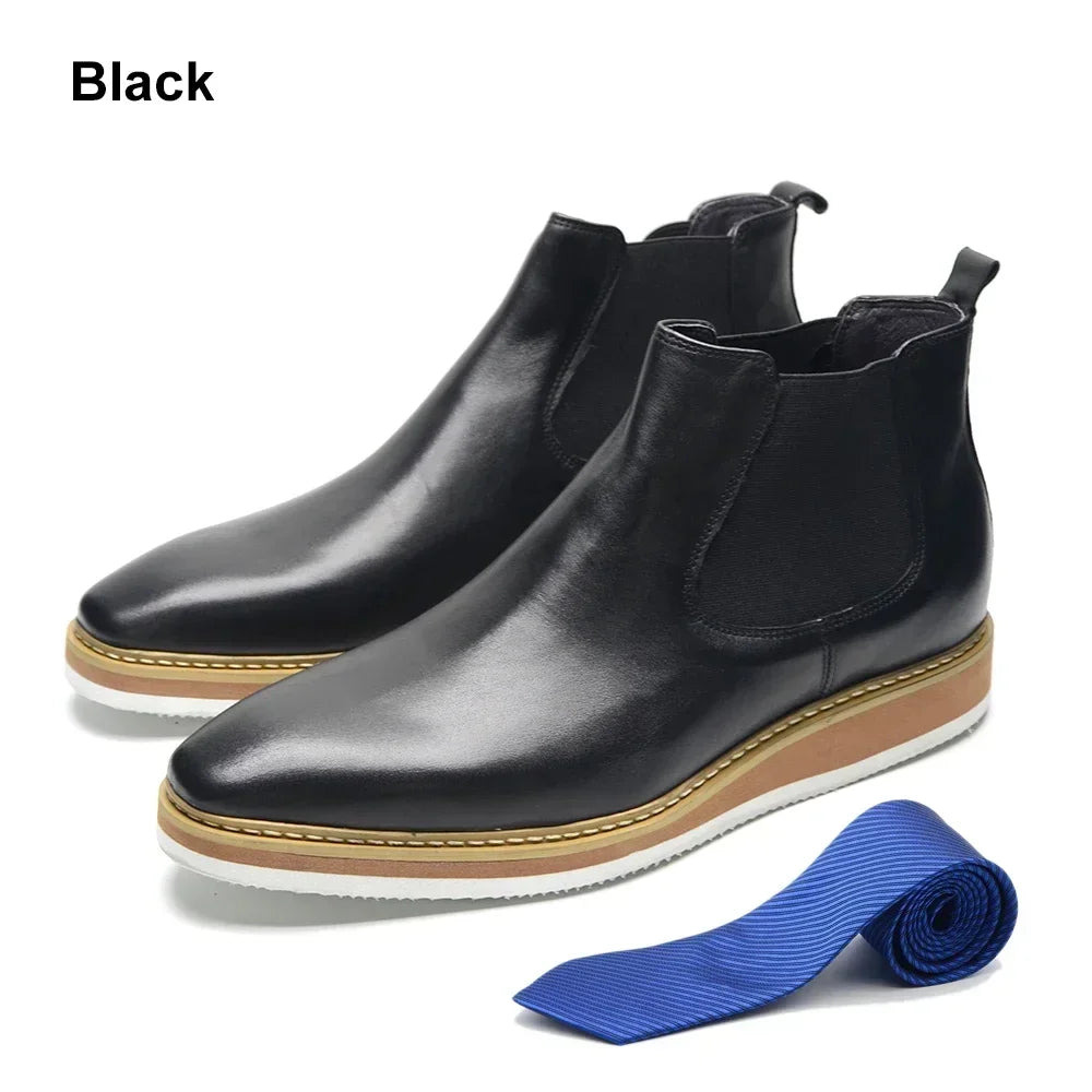 British Style Cow Genuine Leather Men's Chelsea Ankle Boots Slip-on Elastic Band High Top Sneakers Casual Dress Boot for Men