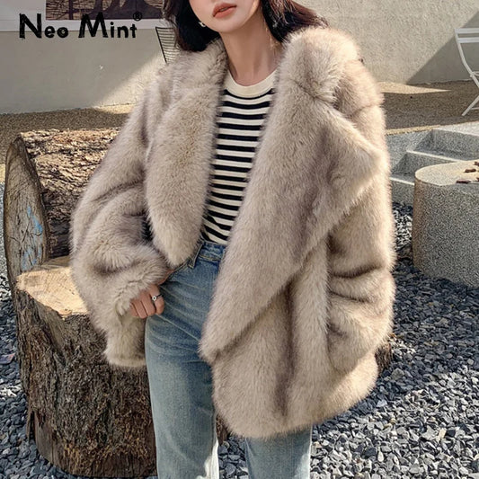 Luxury Brand Fashion Gradient Animal Color Faux Fur Coat Jacket: Women's Winter Loose Oversized Long Fluffy Overcoat Outerwear - Available in 8 Colors