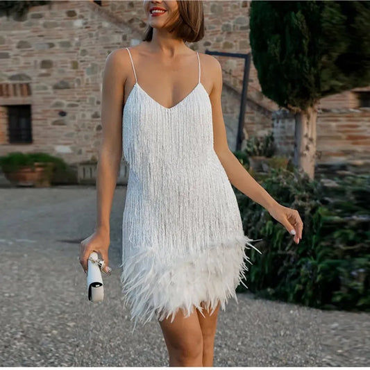 Feathered Glamour: Sequin Mini Dress with Spaghetti Straps - Perfect for Elegant Evenings