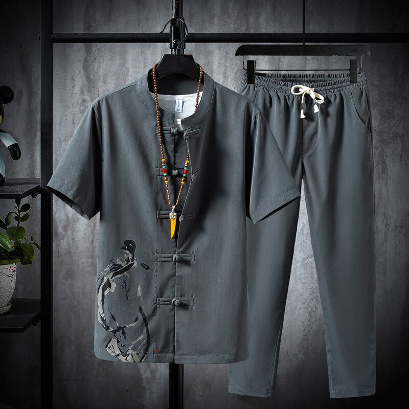 Men's Cotton and linen casual Two Piece (Shirt + trousers) Dress Set (4 Colors)