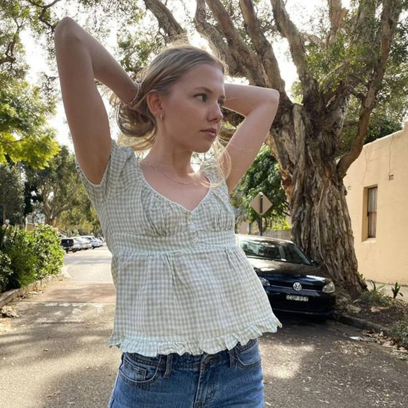 Women's Ruffle Top Buttons Kawaii Crop Tops Cute E-girl Short Sleeve Shirt (5 Colors)