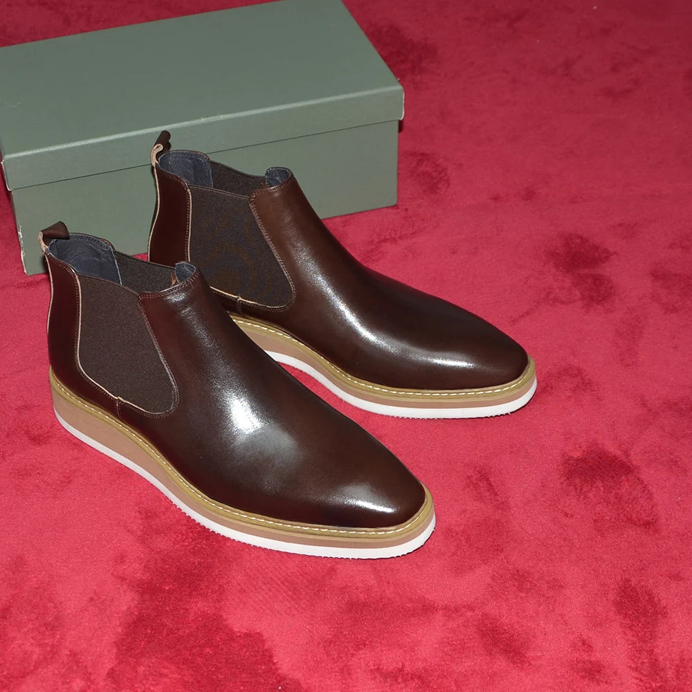 British Style Cow Genuine Leather Men's Chelsea Ankle Boots Slip-on Elastic Band High Top Sneakers Casual Dress Boot for Men