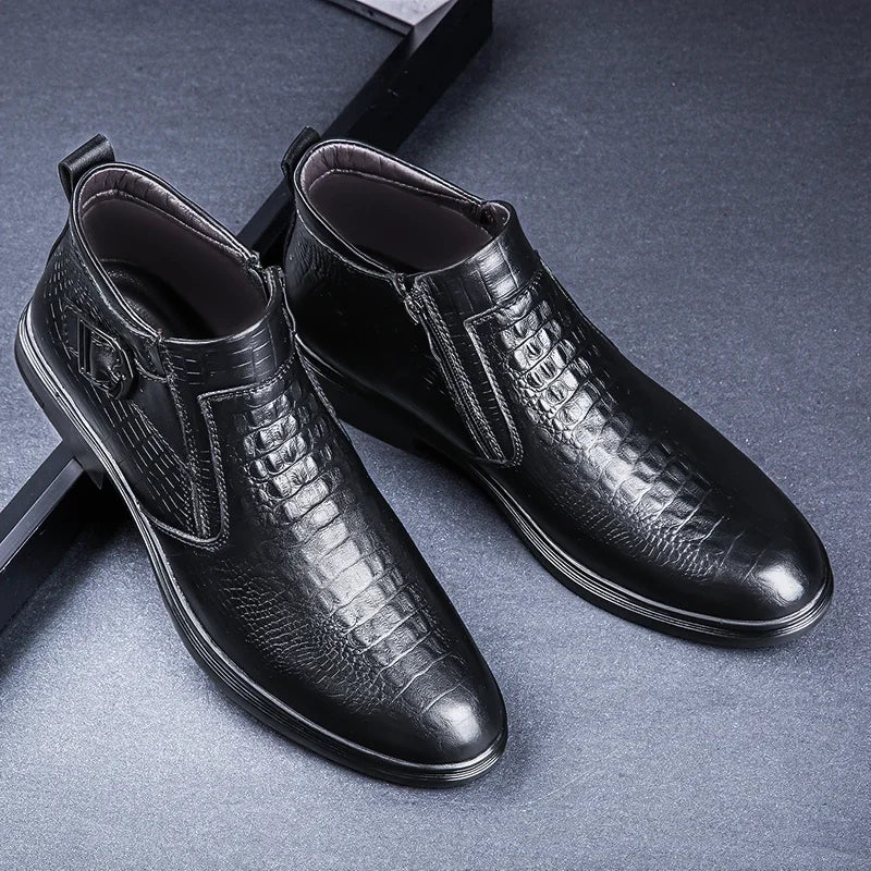 Winter Black Chelsea Men Ankle Boots Men High-top Fur Side Zipper Business Boots Genuine Leather Thick Sole Fashion Cowboy Boots