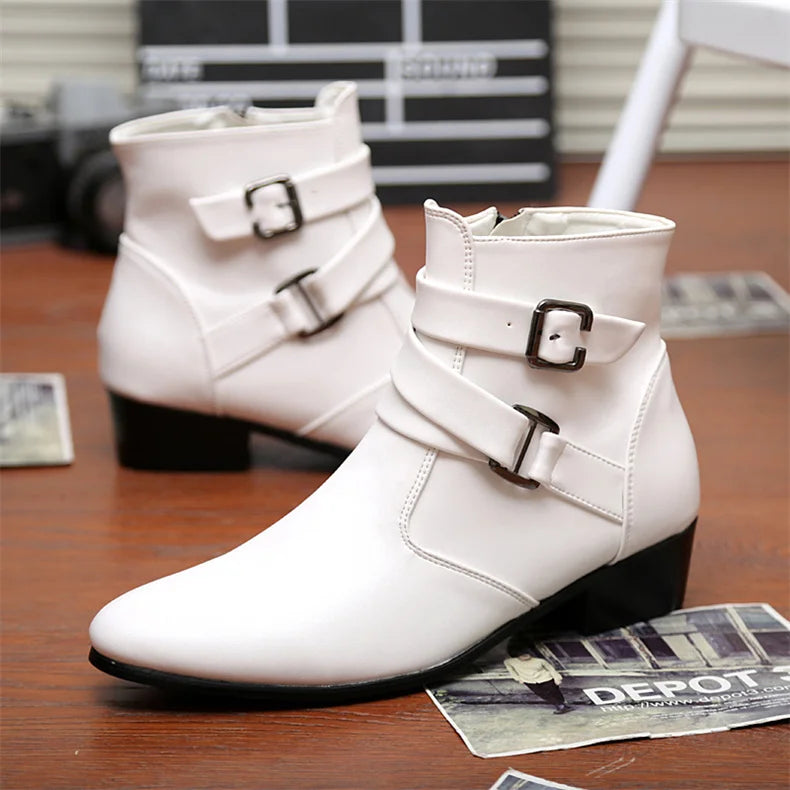 Luxury Leather Chelsea Boots Men Designer White Dress Boots Men Casual High top Buckle Strap Formal Shoes Men Motorcycle Boots