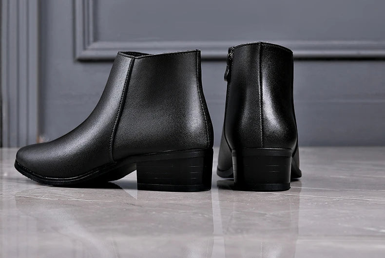 British Business Leather Boots for Men High Heels Pointed Toes and Fleece Chelsea Boots Male Fashion Casual Shoes Man