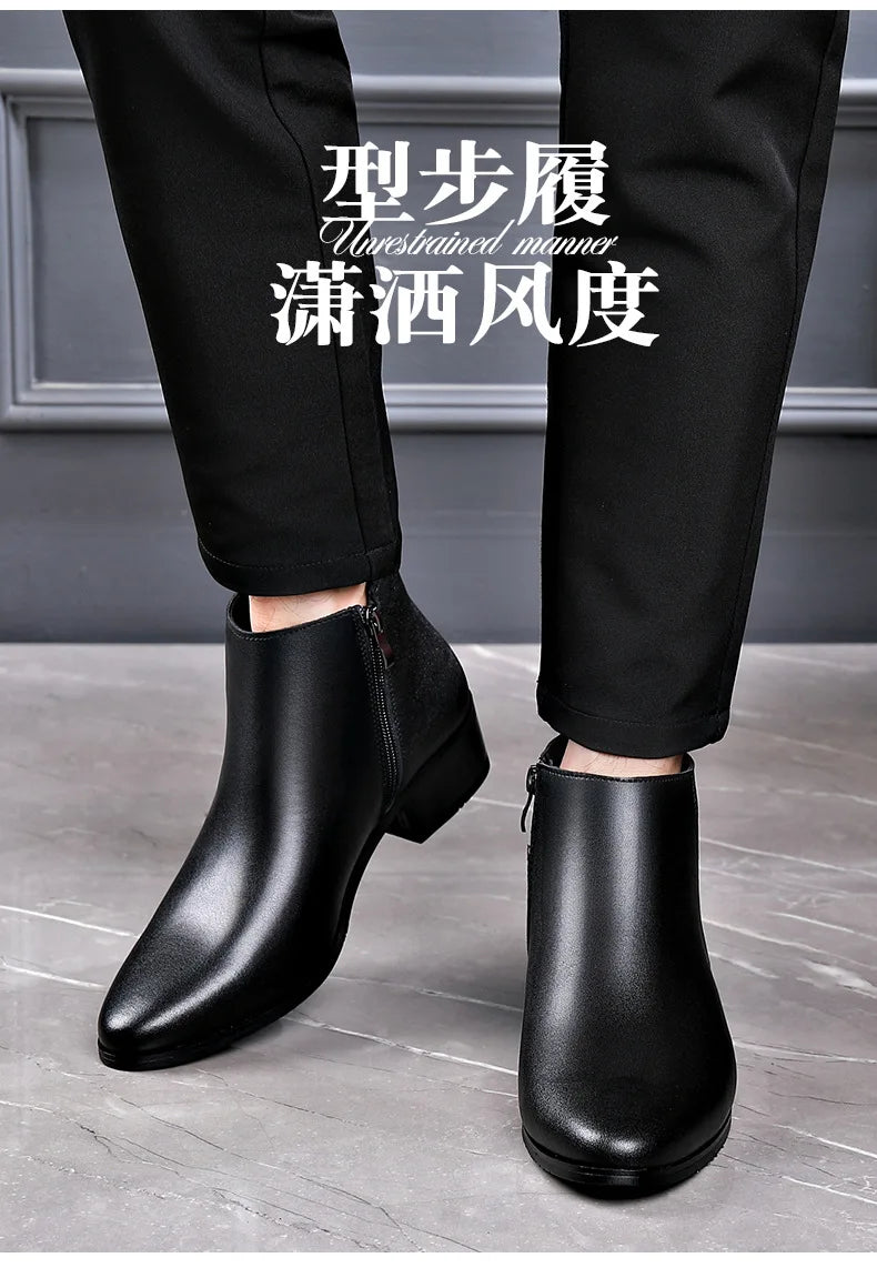 British Business Leather Boots for Men High Heels Pointed Toes and Fleece Chelsea Boots Male Fashion Casual Shoes Man