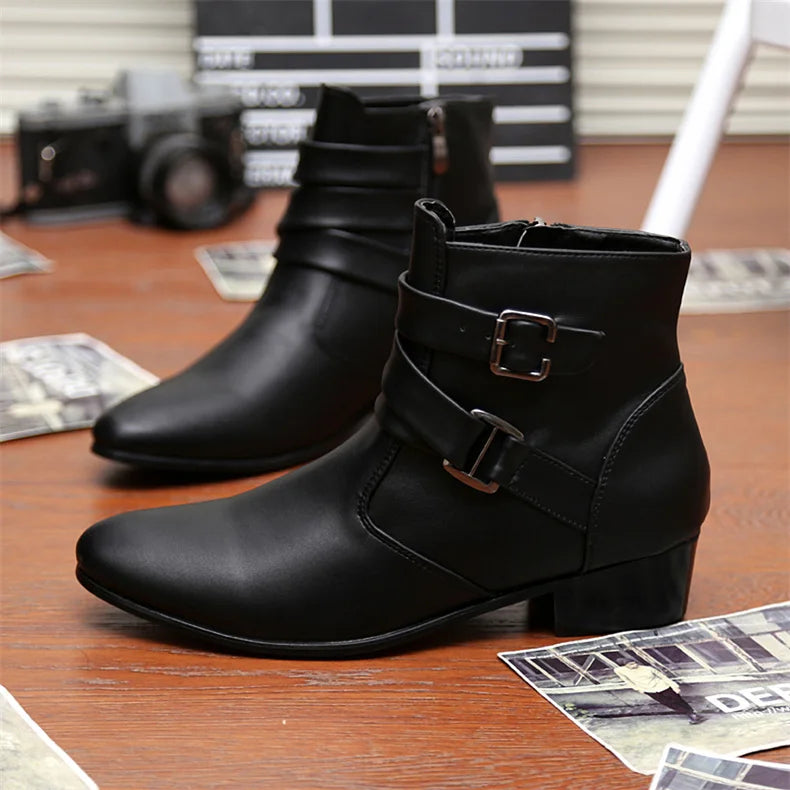 Luxury Leather Chelsea Boots Men Designer White Dress Boots Men Casual High top Buckle Strap Formal Shoes Men Motorcycle Boots
