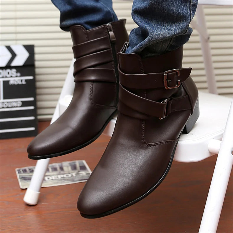 Luxury Leather Chelsea Boots Men Designer White Dress Boots Men Casual High top Buckle Strap Formal Shoes Men Motorcycle Boots