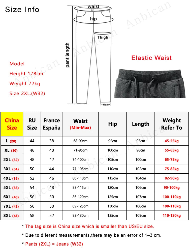 Winter Men's Sweatpants: Thick Warm Fleece Joggers with Zip Pockets, Cotton Casual Track Pants for Sportswear, Plus Sizes 6XL, 7XL, 8XL - 4 Colors