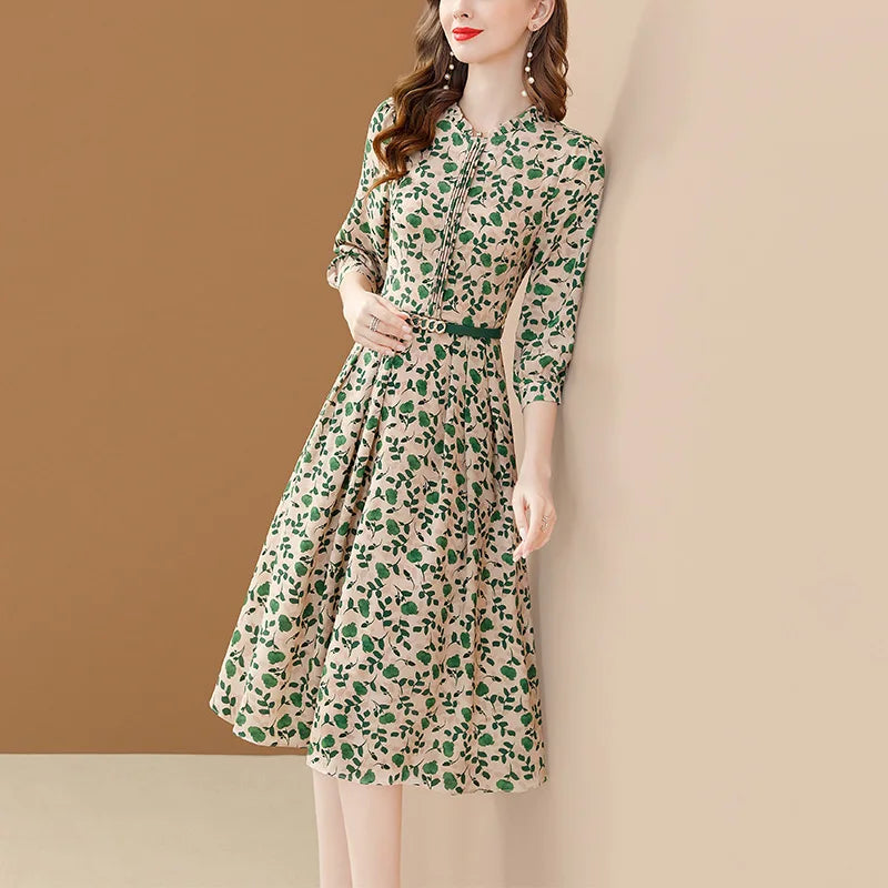 Women's Chiffon Dress: Elegant A-Line Dress with Belt and Puff Sleeves for Spring Parties - Big Swing Slim Fit Vestido