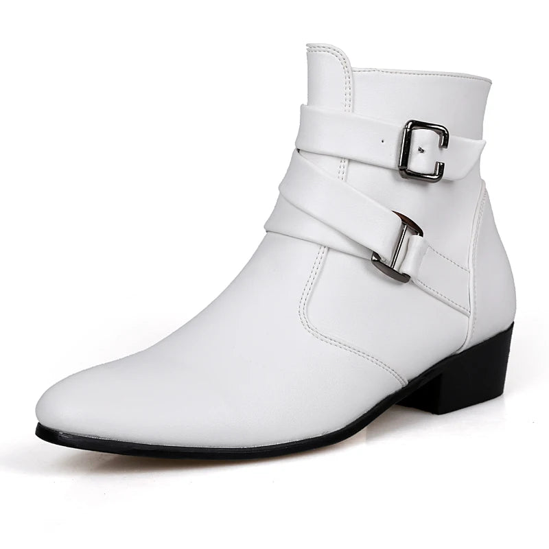 Luxury Leather Chelsea Boots Men Designer White Dress Boots Men Casual High top Buckle Strap Formal Shoes Men Motorcycle Boots