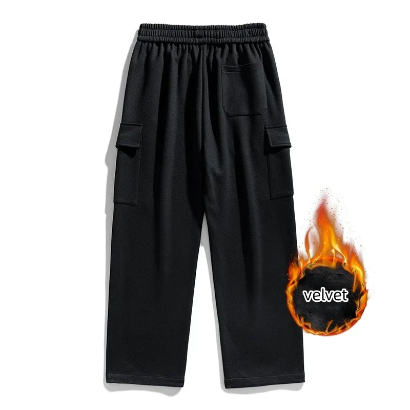 Men's Winter Velvet Sweatpants: Cotton Baggy Joggers with Cargo Pockets, Breathable Loose-Fit Outdoor Wide-Leg Trousers in Solid Colors