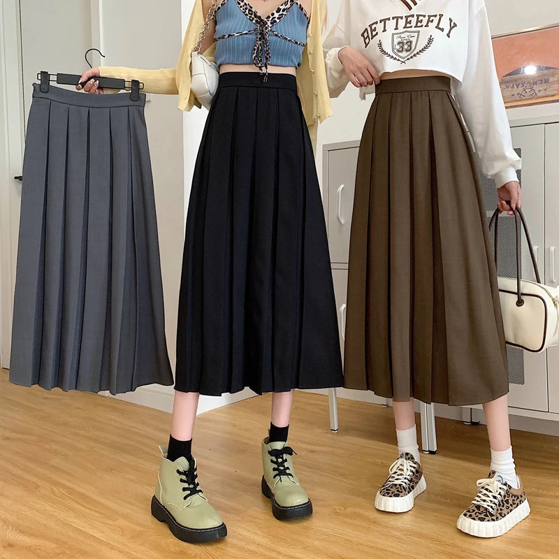 Korean Fashion High Waist Long Skirt: Elegant Black Midi Skirt for Women, 2022 Autumn A-Line Pleated Skirts - Available in Gray for Summer, 3 Colors