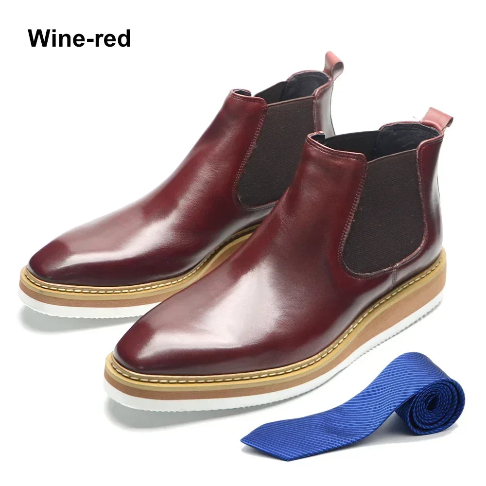 British Style Cow Genuine Leather Men's Chelsea Ankle Boots Slip-on Elastic Band High Top Sneakers Casual Dress Boot for Men