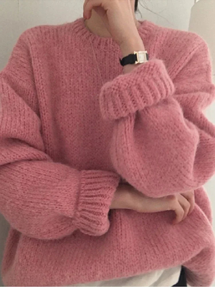 Women's Winter Sweater: Pink Pullover with Oversized, Loose Knitted Design - Long Sleeve Female Knitting Outerwear, Available in 9 Colors Including White