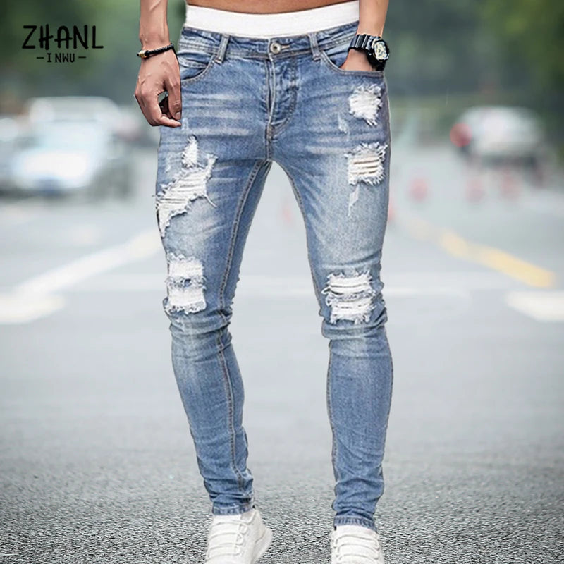 Men's Stretchy Ripped Skinny Embroidered Jeans: White Pants, Destroyed Holes, Slim Fit, High-Quality Denim, Hip Hop Style - 15 Colors/Styles