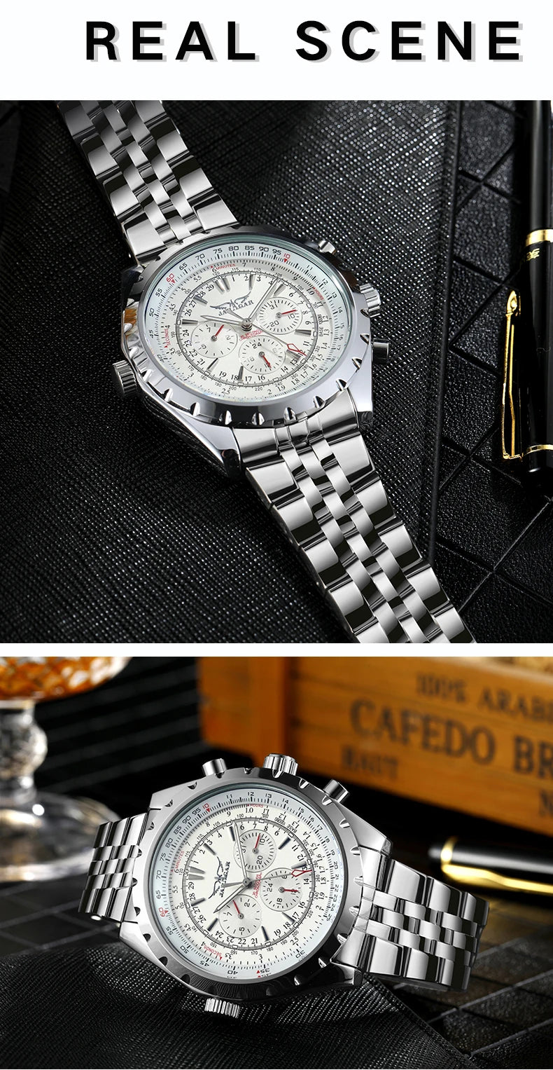 JARAGAR Sports Mens Watches Top Brand Luxury Automatic Mechanical Watch for Men Silver Stainless Steel Strap Military Wristwatch