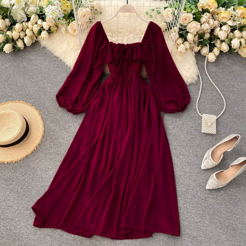 Women's Square Collar Solid Chiffon Puff Sleeve Maxi Dress (6 colors)