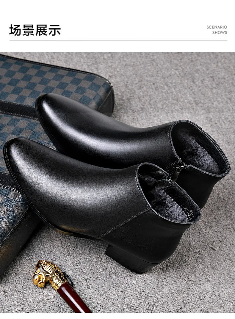 British Business Leather Boots for Men High Heels Pointed Toes and Fleece Chelsea Boots Male Fashion Casual Shoes Man