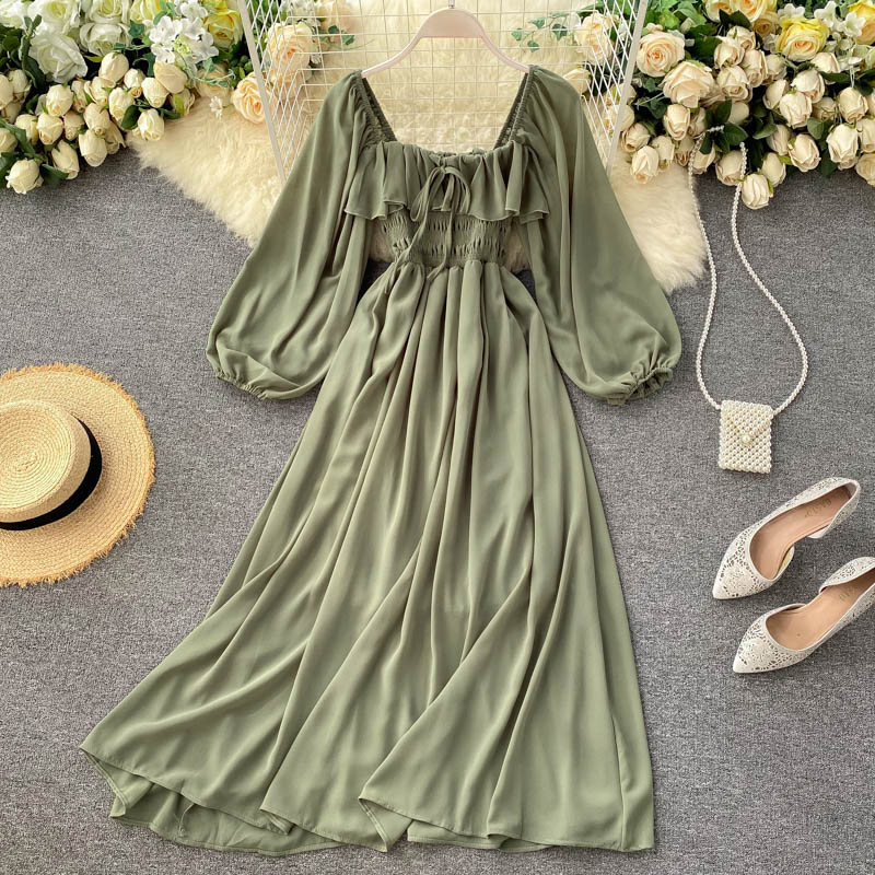 Women's Square Collar Solid Chiffon Puff Sleeve Maxi Dress (6 colors)