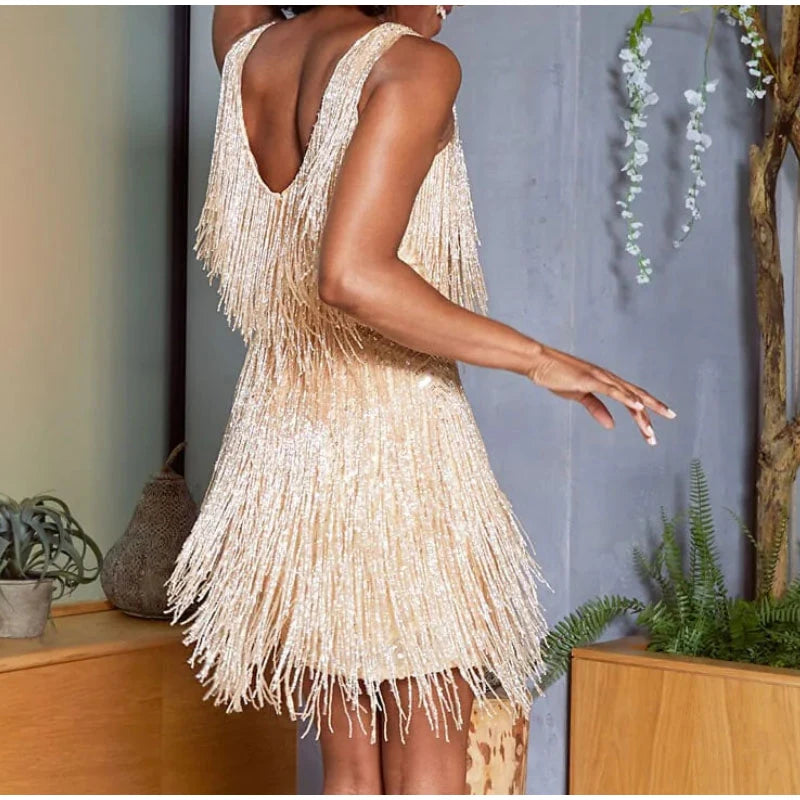 Feathered Glamour: Sequin Mini Dress with Spaghetti Straps - Perfect for Elegant Evenings