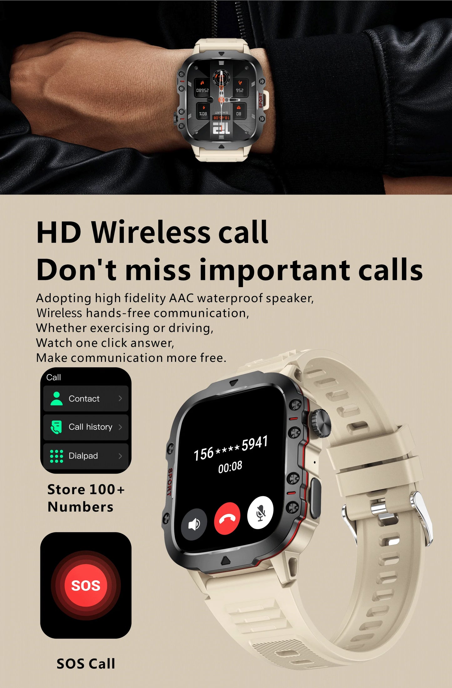 Military Smart Watch for Men: IP68 5ATM Waterproof, Outdoor Sports Fitness Tracker, 1.96" Screen, Bluetooth Call, Health Monitor
