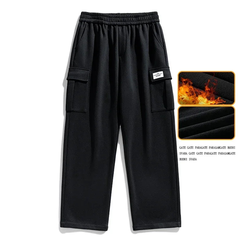 Men's Winter Velvet Sweatpants: Cotton Baggy Joggers with Cargo Pockets, Breathable Loose-Fit Outdoor Wide-Leg Trousers in Solid Colors