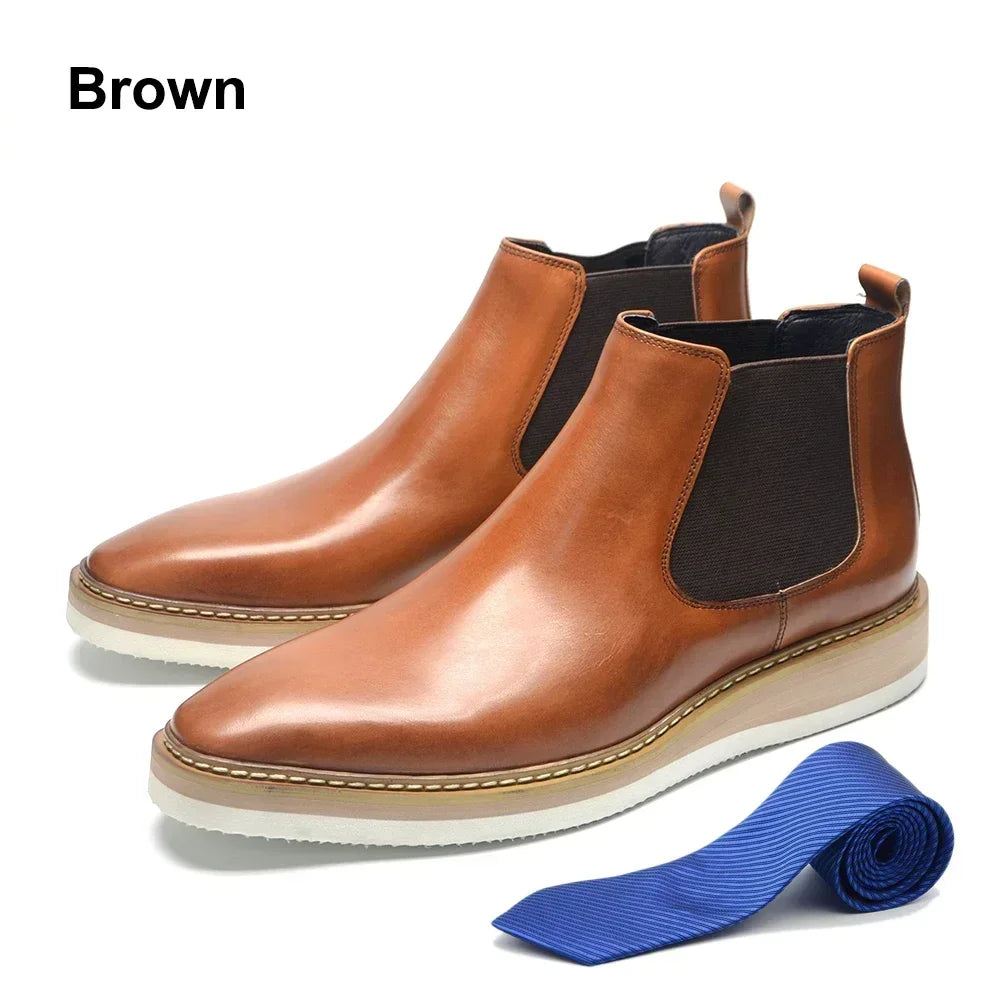 British Style Cow Genuine Leather Men's Chelsea Ankle Boots Slip-on Elastic Band High Top Sneakers Casual Dress Boot for Men