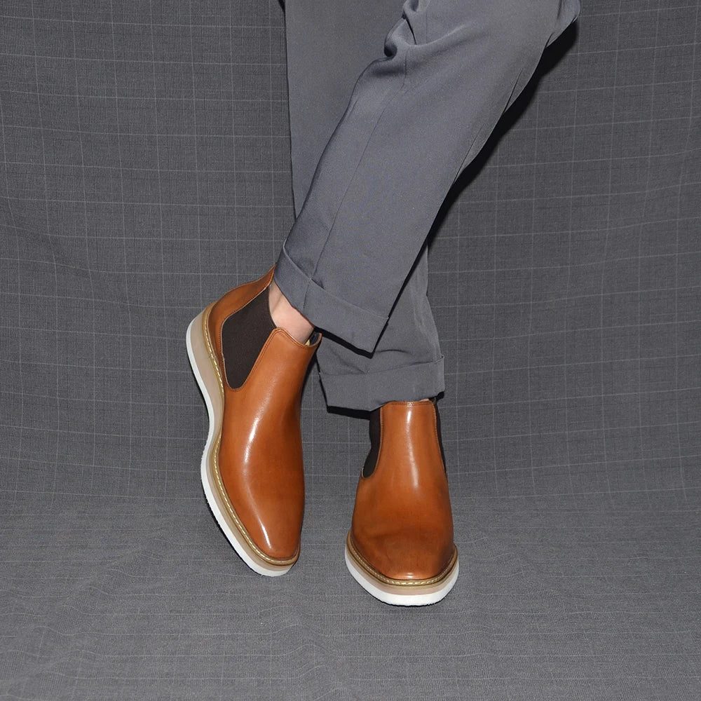 British Style Cow Genuine Leather Men's Chelsea Ankle Boots Slip-on Elastic Band High Top Sneakers Casual Dress Boot for Men