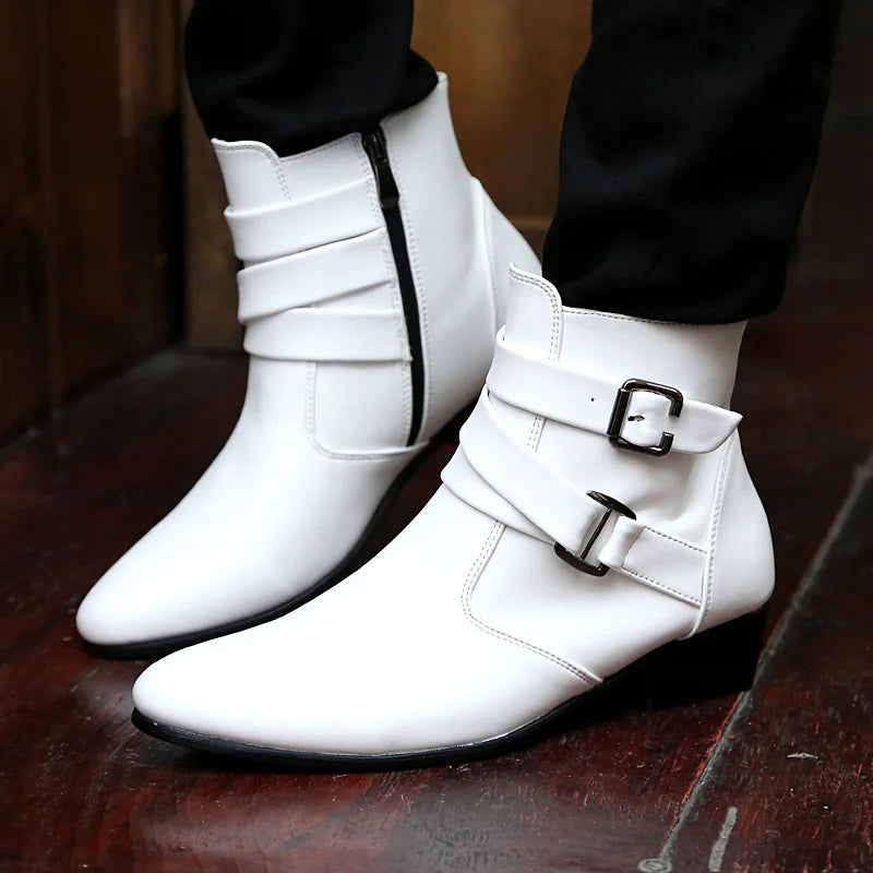 Luxury Leather Chelsea Boots Men Designer White Dress Boots Men Casual High top Buckle Strap Formal Shoes Men Motorcycle Boots