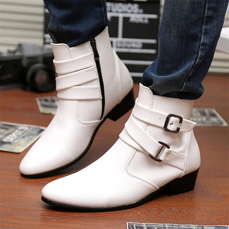 Luxury Leather Chelsea Boots Men Designer White Dress Boots Men Casual High top Buckle Strap Formal Shoes Men Motorcycle Boots