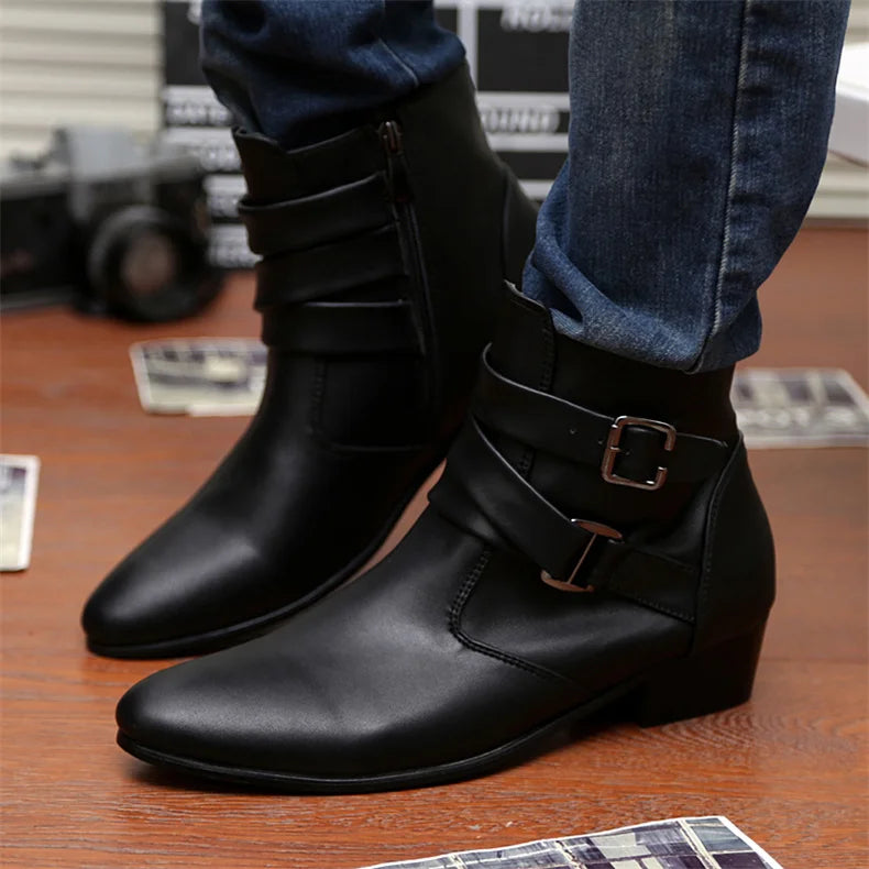 Luxury Leather Chelsea Boots Men Designer White Dress Boots Men Casual High top Buckle Strap Formal Shoes Men Motorcycle Boots