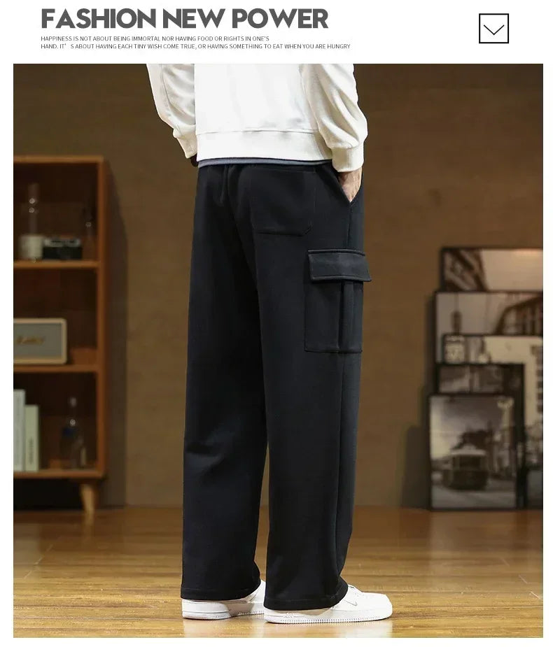 Men's Winter Velvet Sweatpants: Cotton Baggy Joggers with Cargo Pockets, Breathable Loose-Fit Outdoor Wide-Leg Trousers in Solid Colors