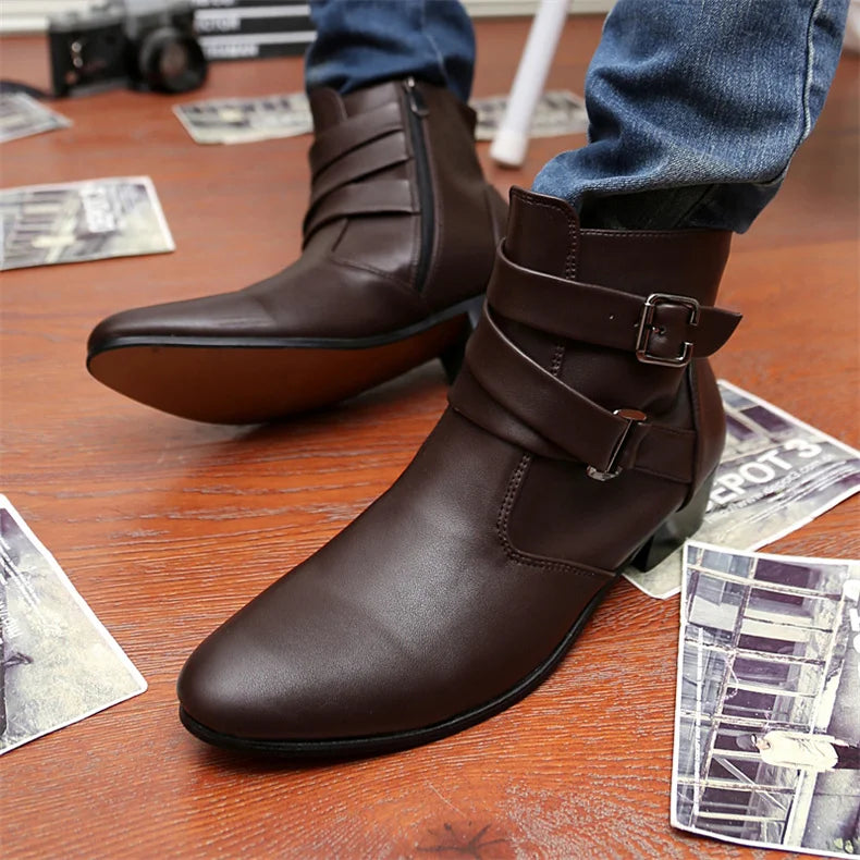 Luxury Leather Chelsea Boots Men Designer White Dress Boots Men Casual High top Buckle Strap Formal Shoes Men Motorcycle Boots