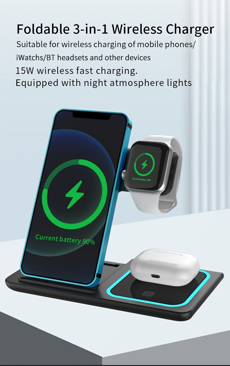 3-in-1 Wireless Charging Station: 15W MagSafe Fast Charger Stand with QC3.0 Adapter - Compatible with iPhone 15/14/13/12/11/Pro/Max/Mini/Plus, iWatch Ultra 9/8/7/6/5/4/3/2, AirPods 3/2