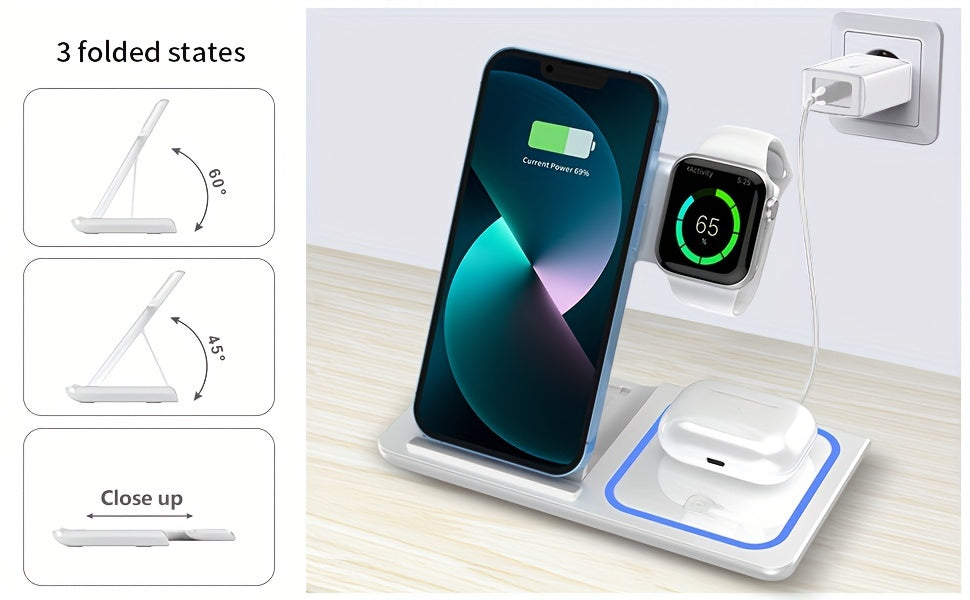 3-in-1 Wireless Charging Station: 15W MagSafe Fast Charger Stand with QC3.0 Adapter - Compatible with iPhone 15/14/13/12/11/Pro/Max/Mini/Plus, iWatch Ultra 9/8/7/6/5/4/3/2, AirPods 3/2