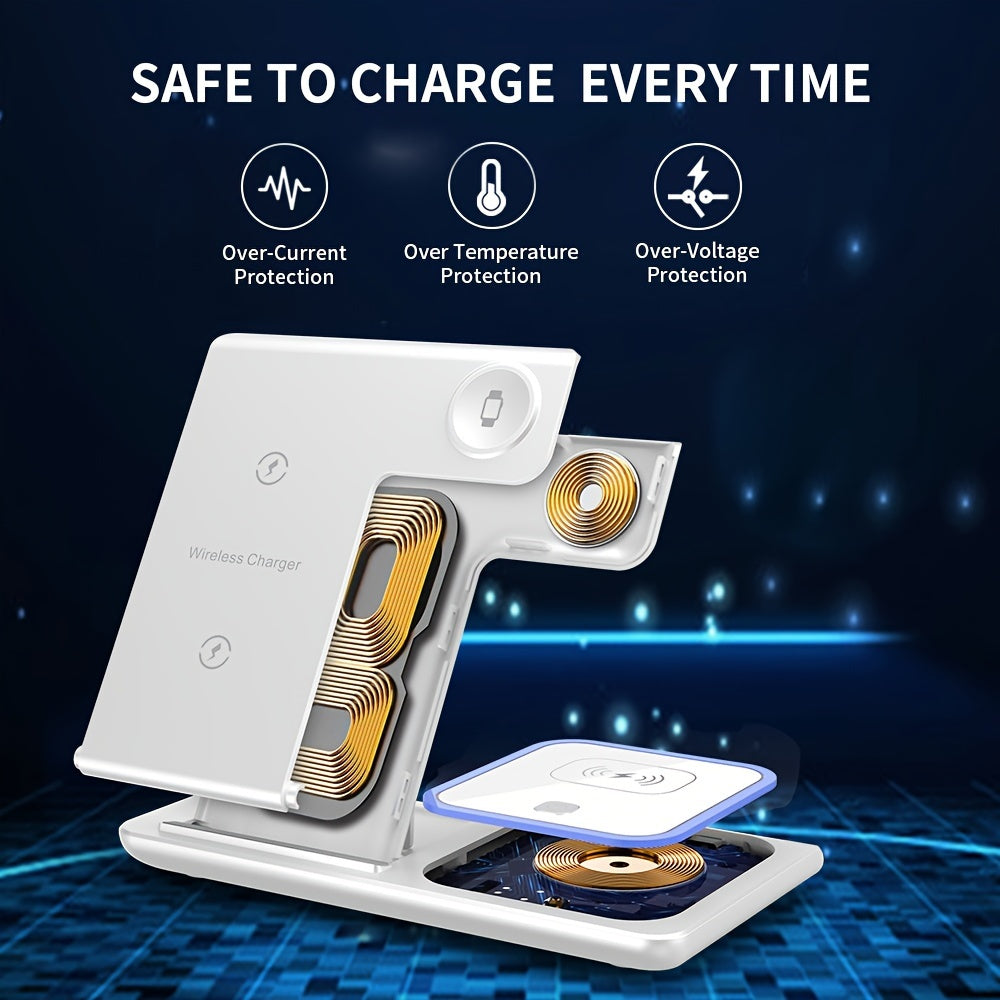 3-in-1 Wireless Charging Station: 15W MagSafe Fast Charger Stand with QC3.0 Adapter - Compatible with iPhone 15/14/13/12/11/Pro/Max/Mini/Plus, iWatch Ultra 9/8/7/6/5/4/3/2, AirPods 3/2