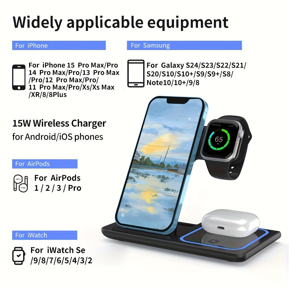 3-in-1 Wireless Charging Station: 15W MagSafe Fast Charger Stand with QC3.0 Adapter - Compatible with iPhone 15/14/13/12/11/Pro/Max/Mini/Plus, iWatch Ultra 9/8/7/6/5/4/3/2, AirPods 3/2