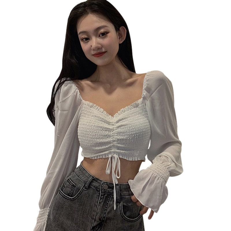 Women's Off-Shoulder Pleated Soild Navel Exposed Chiffon Long Sleeves Blouse (2 Colors)