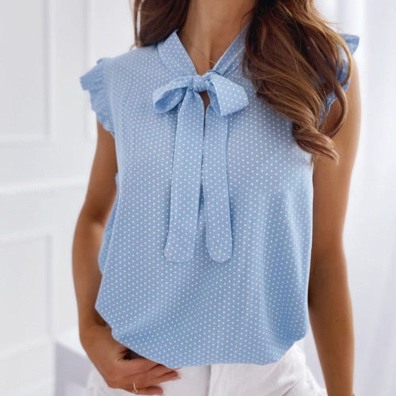 Women's Sleeveless Polka Pot Lace Up Tie Bow Elegant Ruffle Blouse (6 Colors)