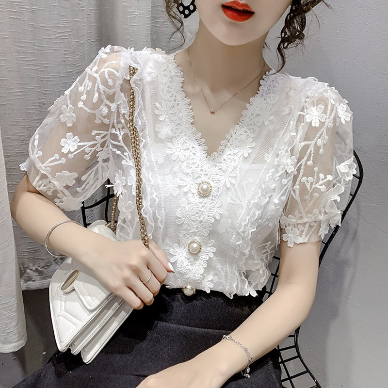 Women's Printed Floral Transparent Pearls V-neck Chiffon Short Sleeve flower Blouse (2 Colors)