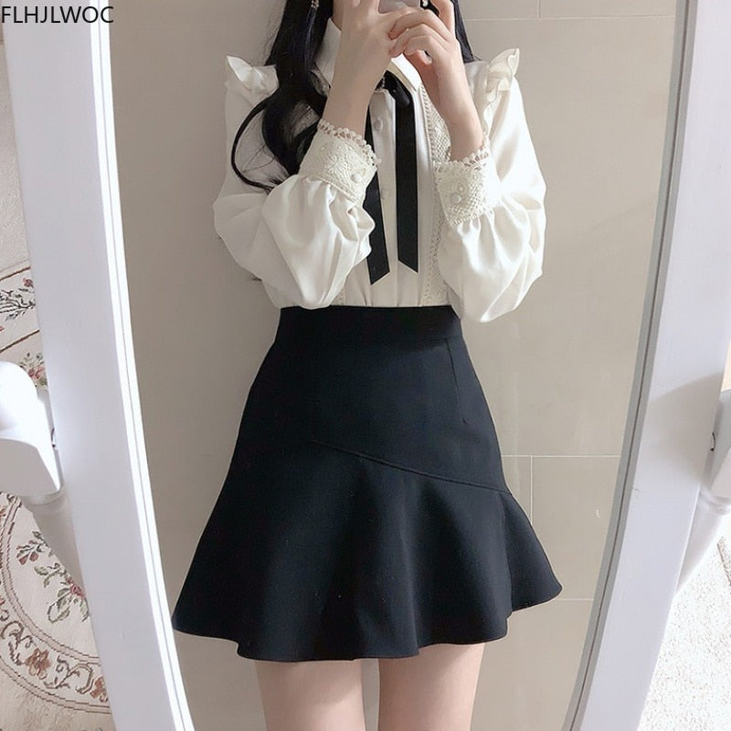 Womens Ruffled Work Wear Single Breasted Button Solid Peter Pan Collar Blouse