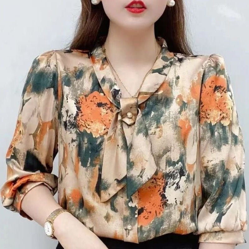 Women's Casual Half Sleeve Bow Tie Collar Printed Chiffon Blouses (2 Colors)